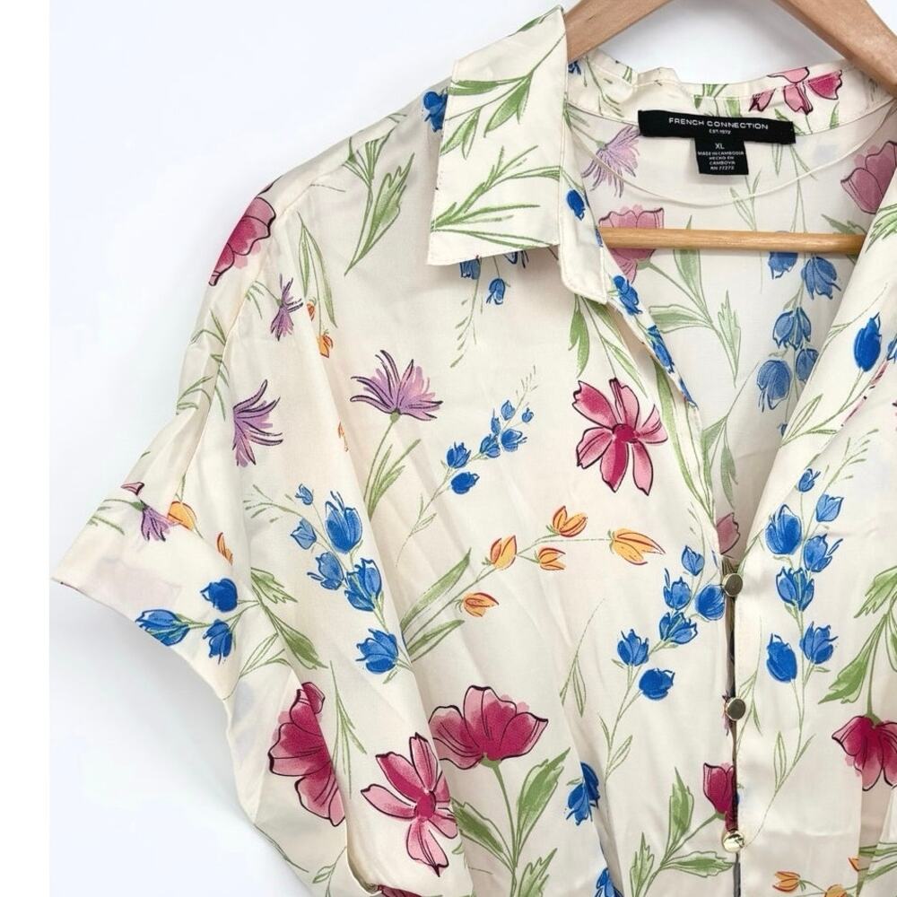 French Connection NWT Satin Cream Floral Shirt Dress Size XL - Picture 4 of 7